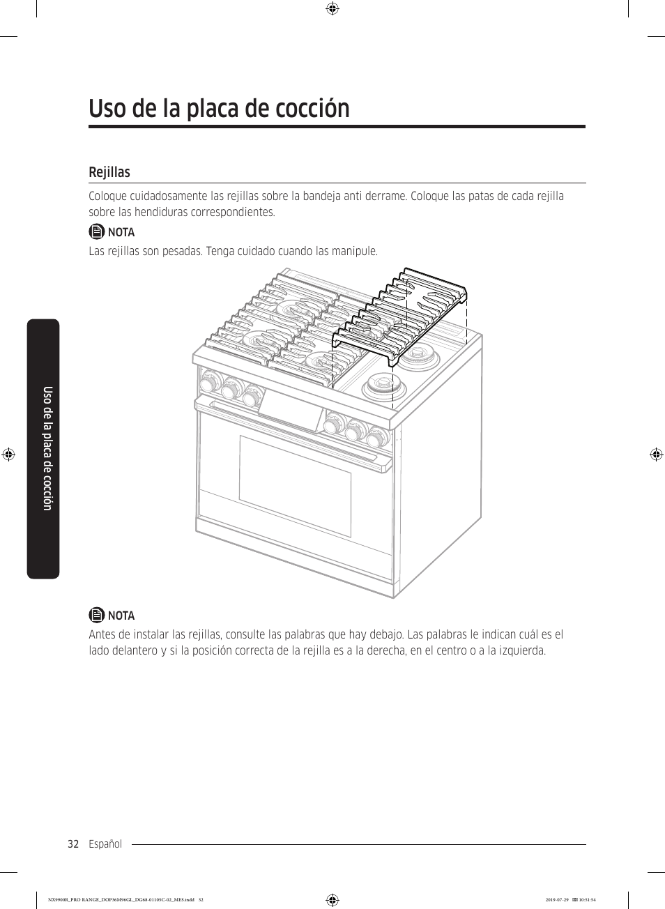 Rejillas, Rejillas 32, Uso de la placa de cocción | Dacor Contemporary 36 Inch Freestanding Professional Gas Smart Range Use and Care Manual User Manual | Page 140 / 324