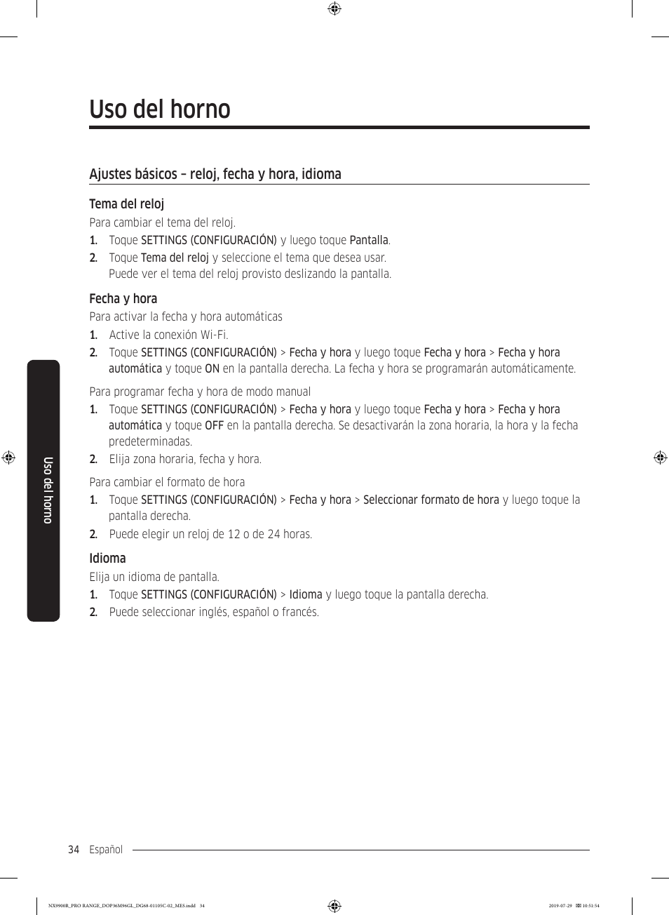 Uso del horno, Ajustes básicos – reloj, fecha y hora, idioma | Dacor Contemporary 36 Inch Freestanding Professional Gas Smart Range Use and Care Manual User Manual | Page 142 / 324