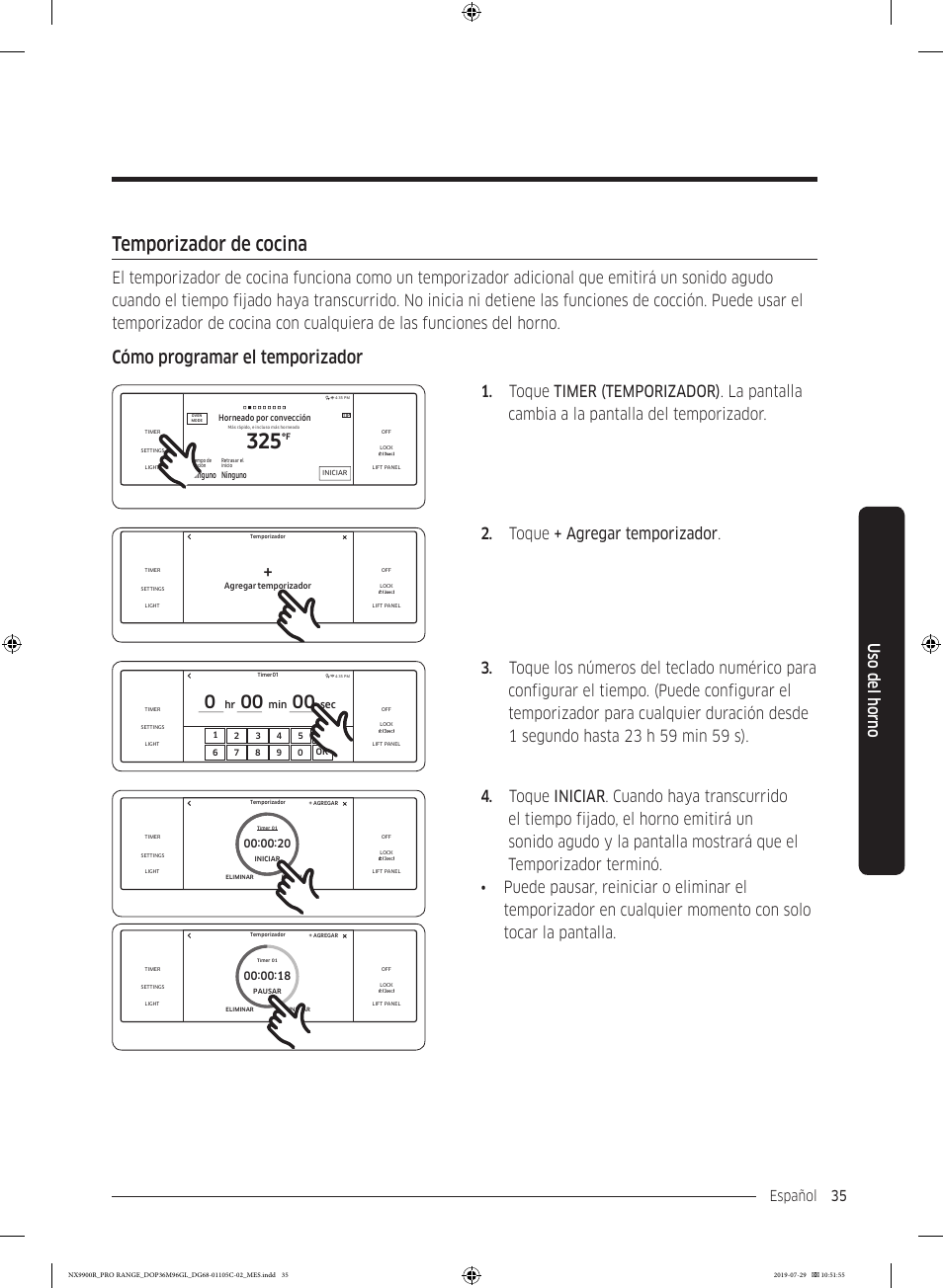 Temporizador de cocina, Cómo programar el temporizador, Uso del horno | Toque + agregar temporizador, Español 35 | Dacor Contemporary 36 Inch Freestanding Professional Gas Smart Range Use and Care Manual User Manual | Page 143 / 324