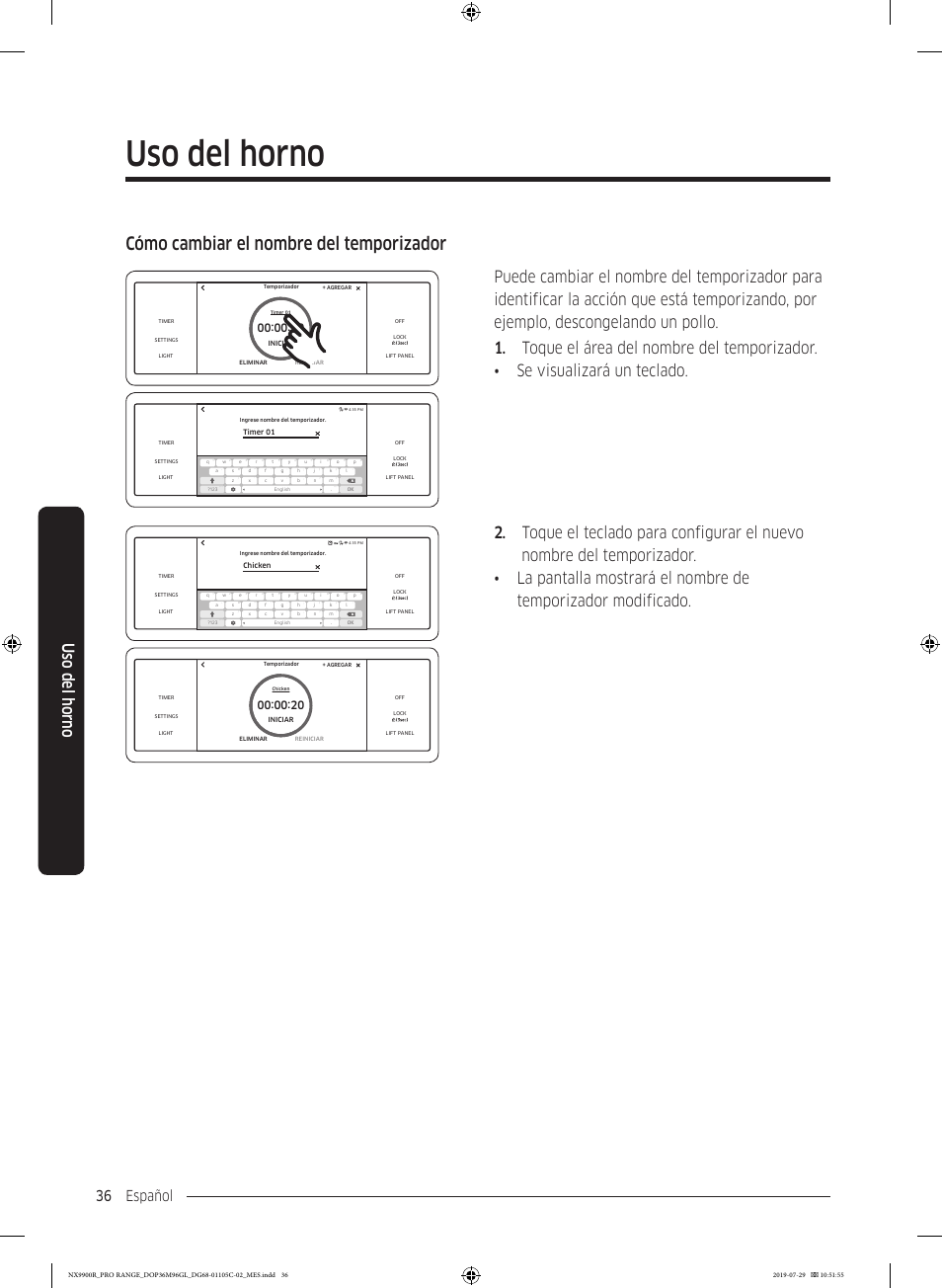 Uso del horno, Cómo cambiar el nombre del temporizador, Español 36 | Dacor Contemporary 36 Inch Freestanding Professional Gas Smart Range Use and Care Manual User Manual | Page 144 / 324