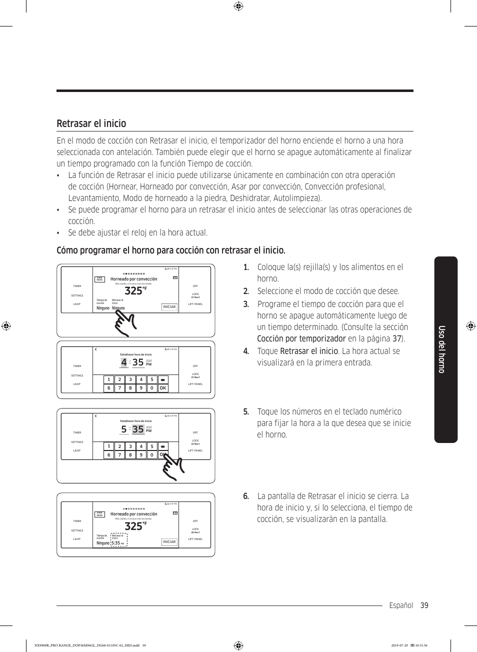 Retrasar el inicio, Uso del horno, Español 39 | Dacor Contemporary 36 Inch Freestanding Professional Gas Smart Range Use and Care Manual User Manual | Page 147 / 324