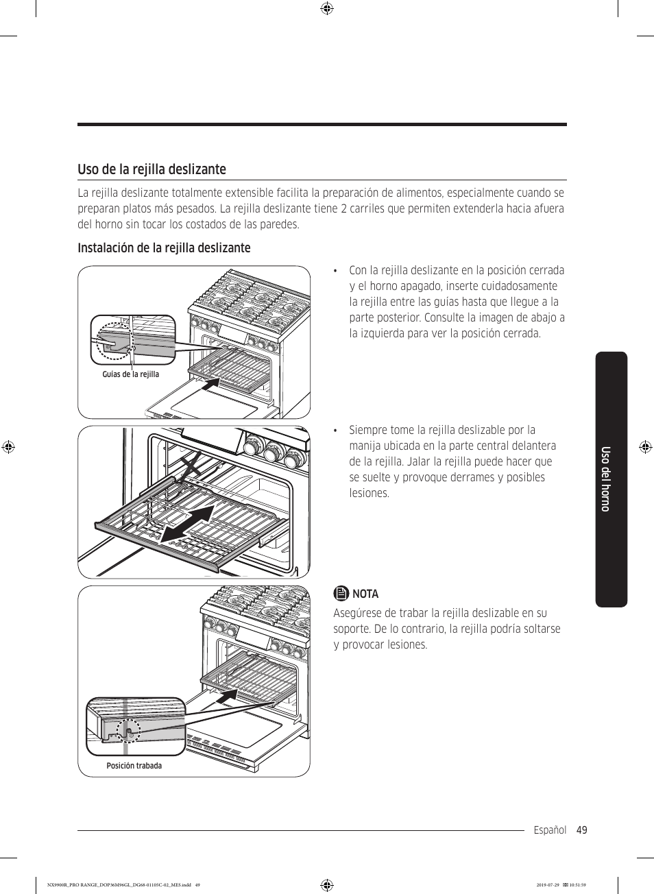 Uso de la rejilla deslizante, Instalación de la rejilla deslizante | Dacor Contemporary 36 Inch Freestanding Professional Gas Smart Range Use and Care Manual User Manual | Page 157 / 324