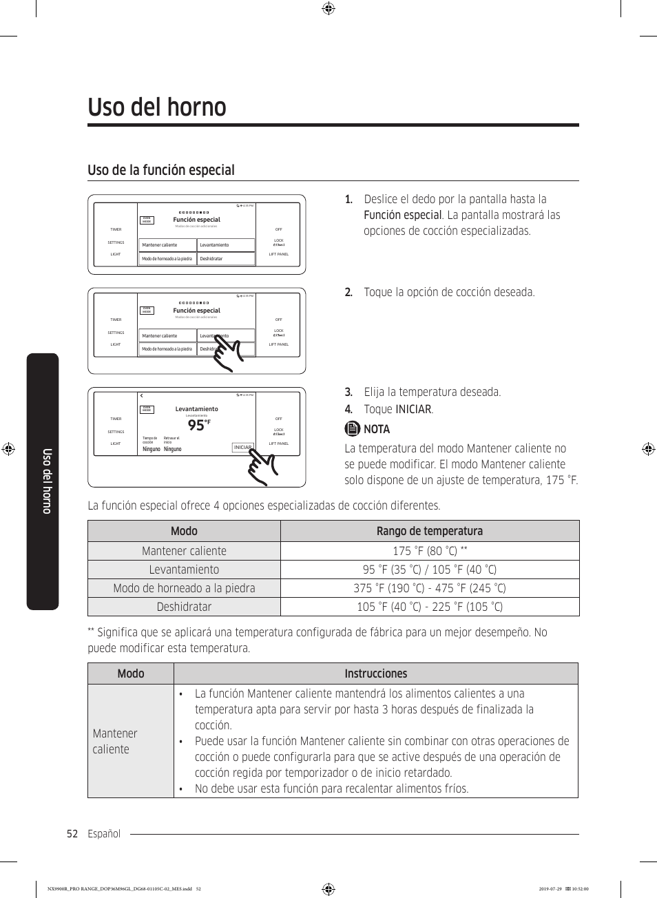 Uso de la función especial, Uso del horno, Toque la opción de cocción deseada | Español 52 | Dacor Contemporary 36 Inch Freestanding Professional Gas Smart Range Use and Care Manual User Manual | Page 160 / 324