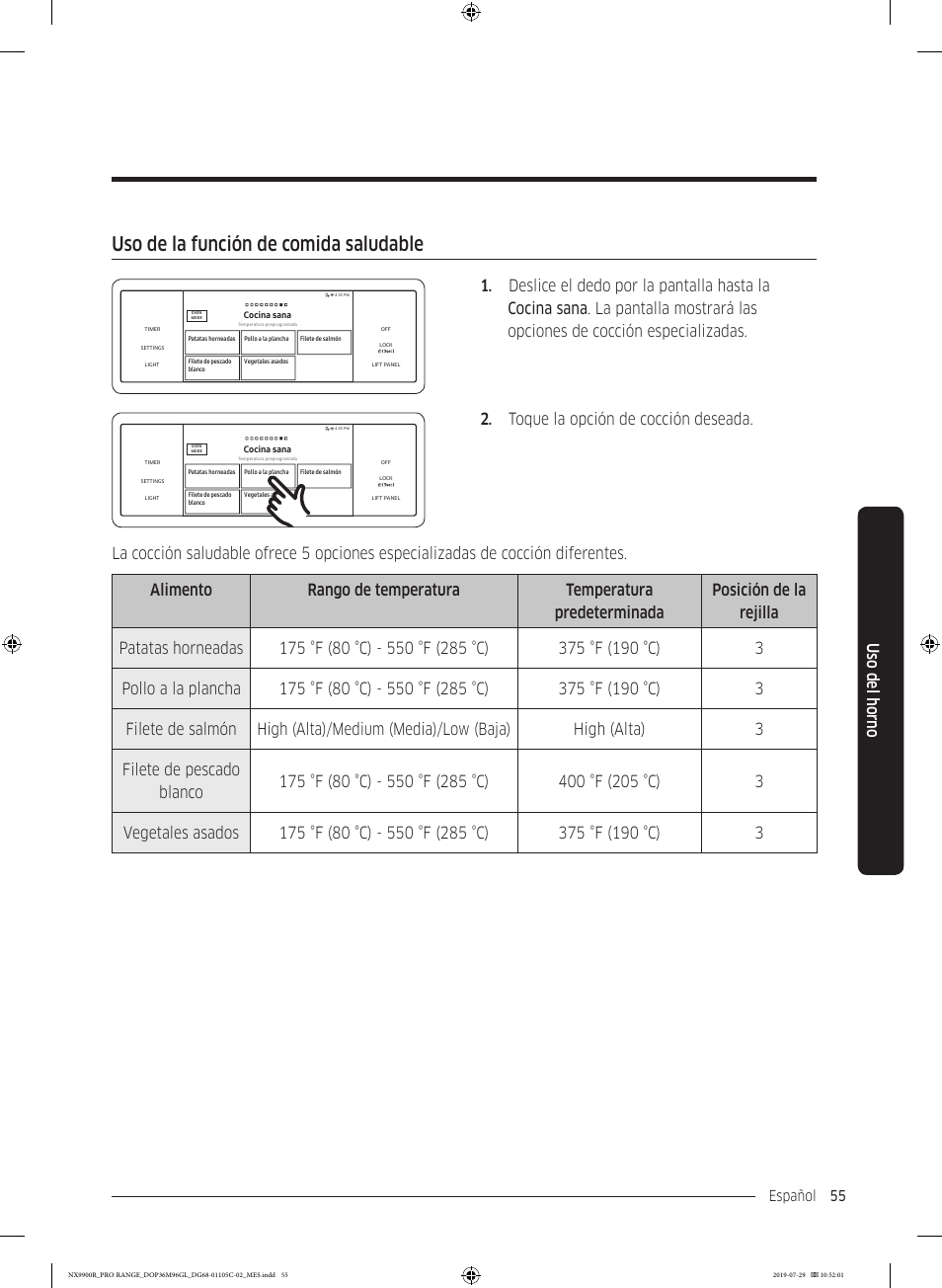 Uso de la función de comida saludable, Uso del horno | Dacor Contemporary 36 Inch Freestanding Professional Gas Smart Range Use and Care Manual User Manual | Page 163 / 324