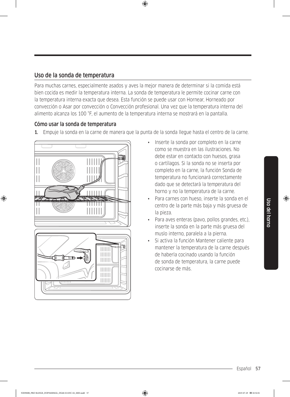 Uso de la sonda de temperatura | Dacor Contemporary 36 Inch Freestanding Professional Gas Smart Range Use and Care Manual User Manual | Page 165 / 324