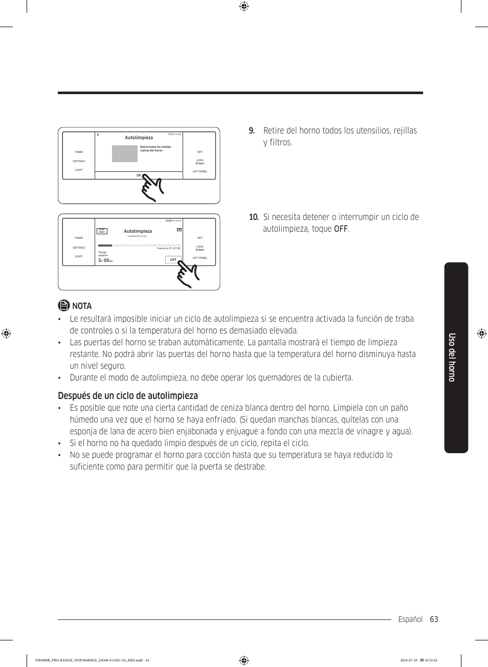 Después de un ciclo de autolimpieza, Uso del horno, Español 63 | Dacor Contemporary 36 Inch Freestanding Professional Gas Smart Range Use and Care Manual User Manual | Page 171 / 324