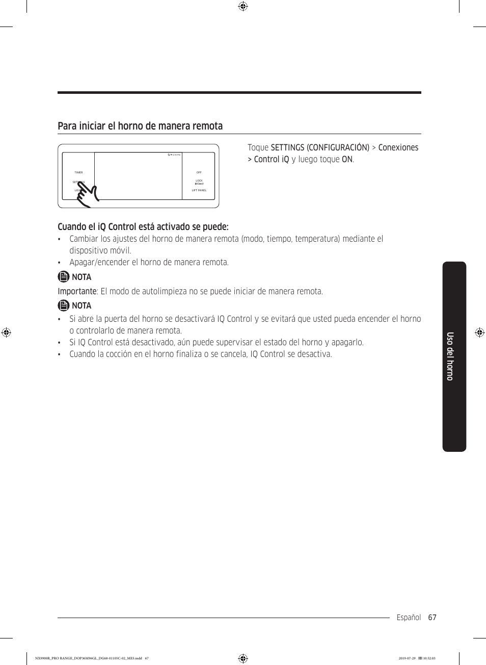 Para iniciar el horno de manera remota, Cuando el iq control está activado se puede | Dacor Contemporary 36 Inch Freestanding Professional Gas Smart Range Use and Care Manual User Manual | Page 175 / 324