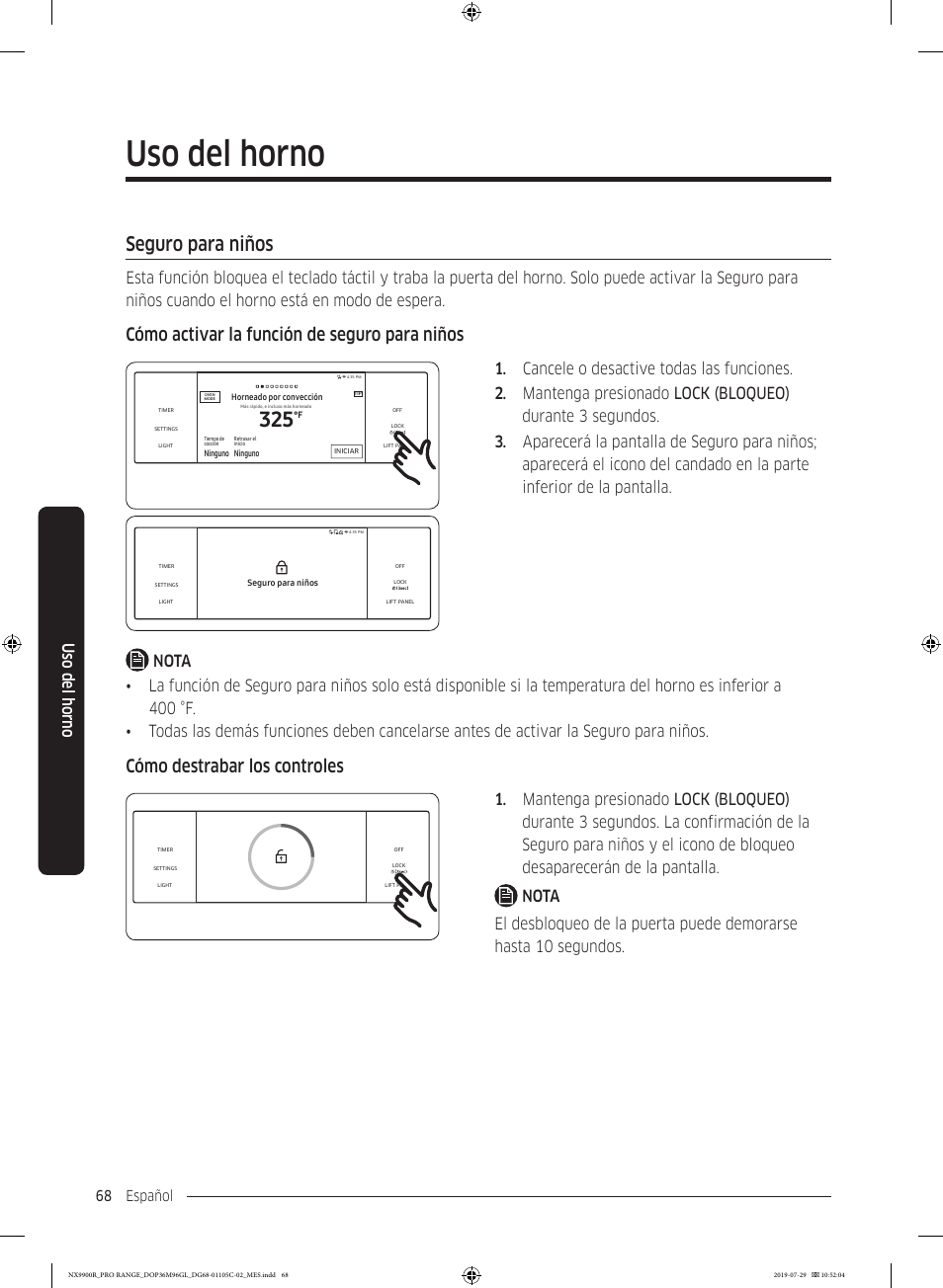 Seguro para niños, Uso del horno, Cómo activar la función de seguro para niños | Cómo destrabar los controles | Dacor Contemporary 36 Inch Freestanding Professional Gas Smart Range Use and Care Manual User Manual | Page 176 / 324