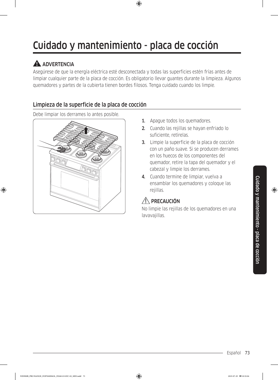 Cuidado y mantenimiento - placa de cocción, Limpieza de la superficie de la placa de cocción | Dacor Contemporary 36 Inch Freestanding Professional Gas Smart Range Use and Care Manual User Manual | Page 181 / 324