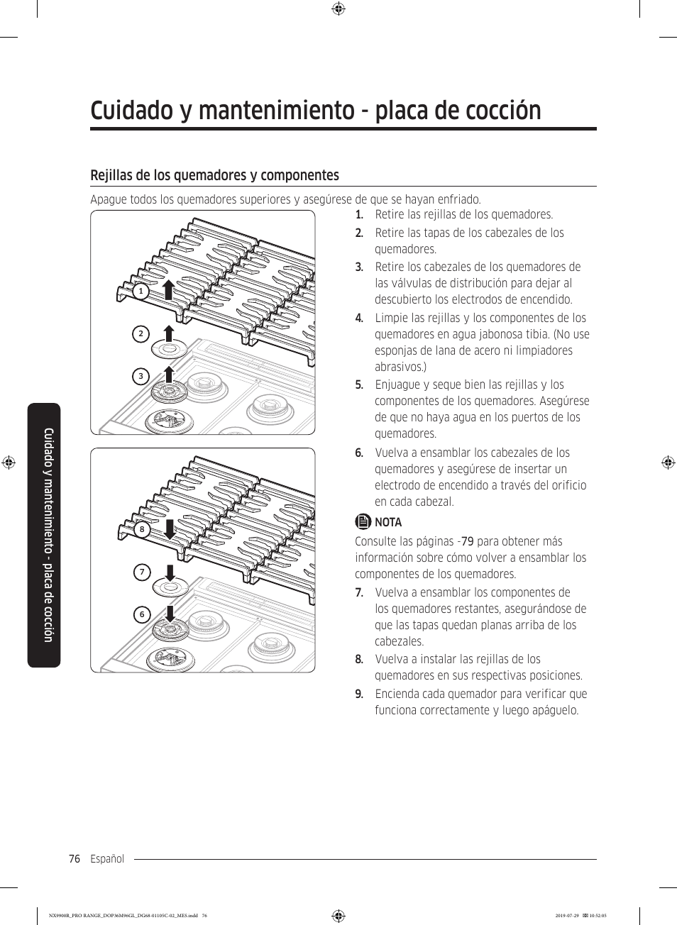 Rejillas de los quemadores y componentes, Cuidado y mantenimiento - placa de cocción | Dacor Contemporary 36 Inch Freestanding Professional Gas Smart Range Use and Care Manual User Manual | Page 184 / 324