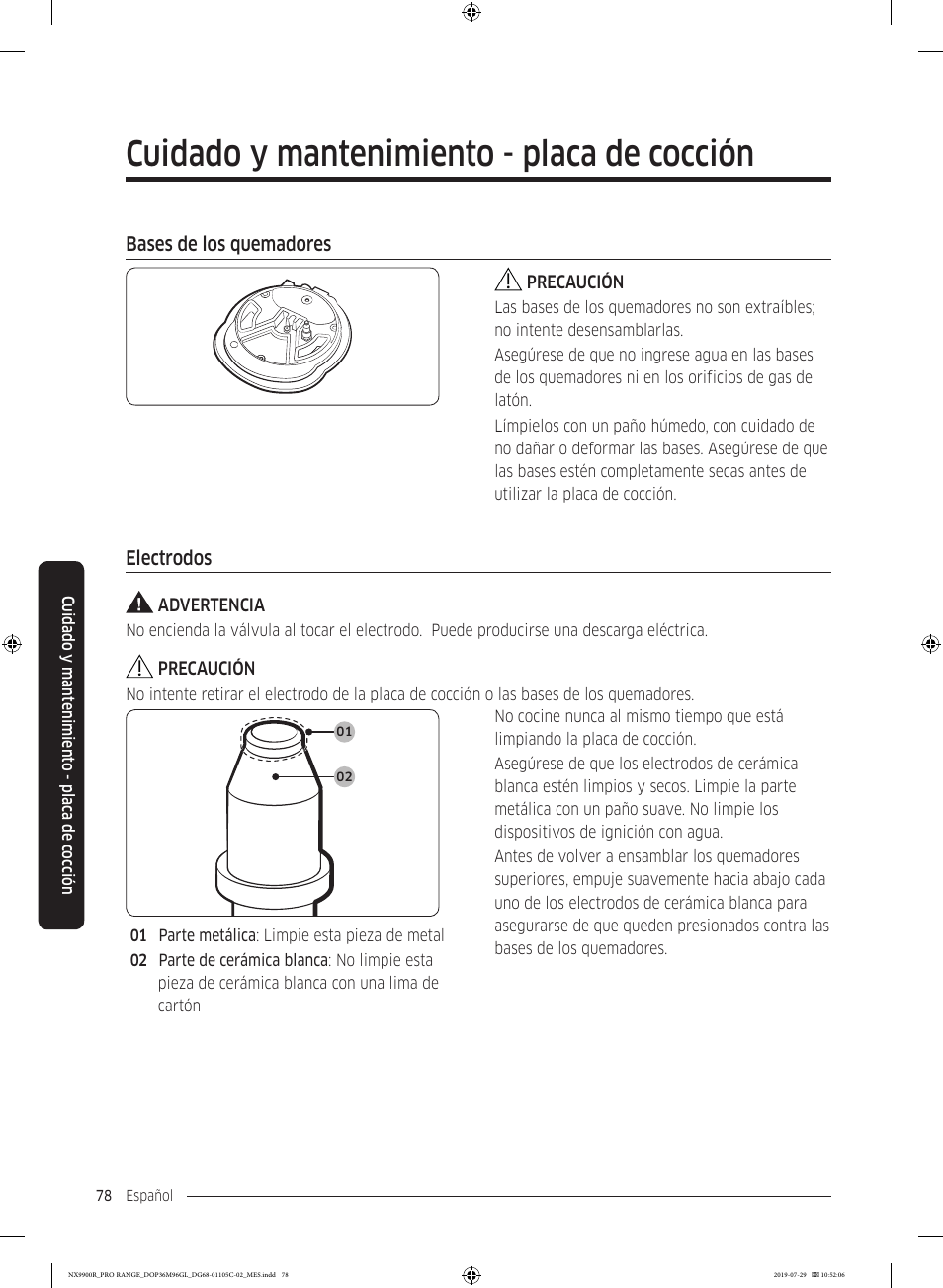 Bases de los quemadores, Electrodos, Electrodos 78 | Cuidado y mantenimiento - placa de cocción | Dacor Contemporary 36 Inch Freestanding Professional Gas Smart Range Use and Care Manual User Manual | Page 186 / 324