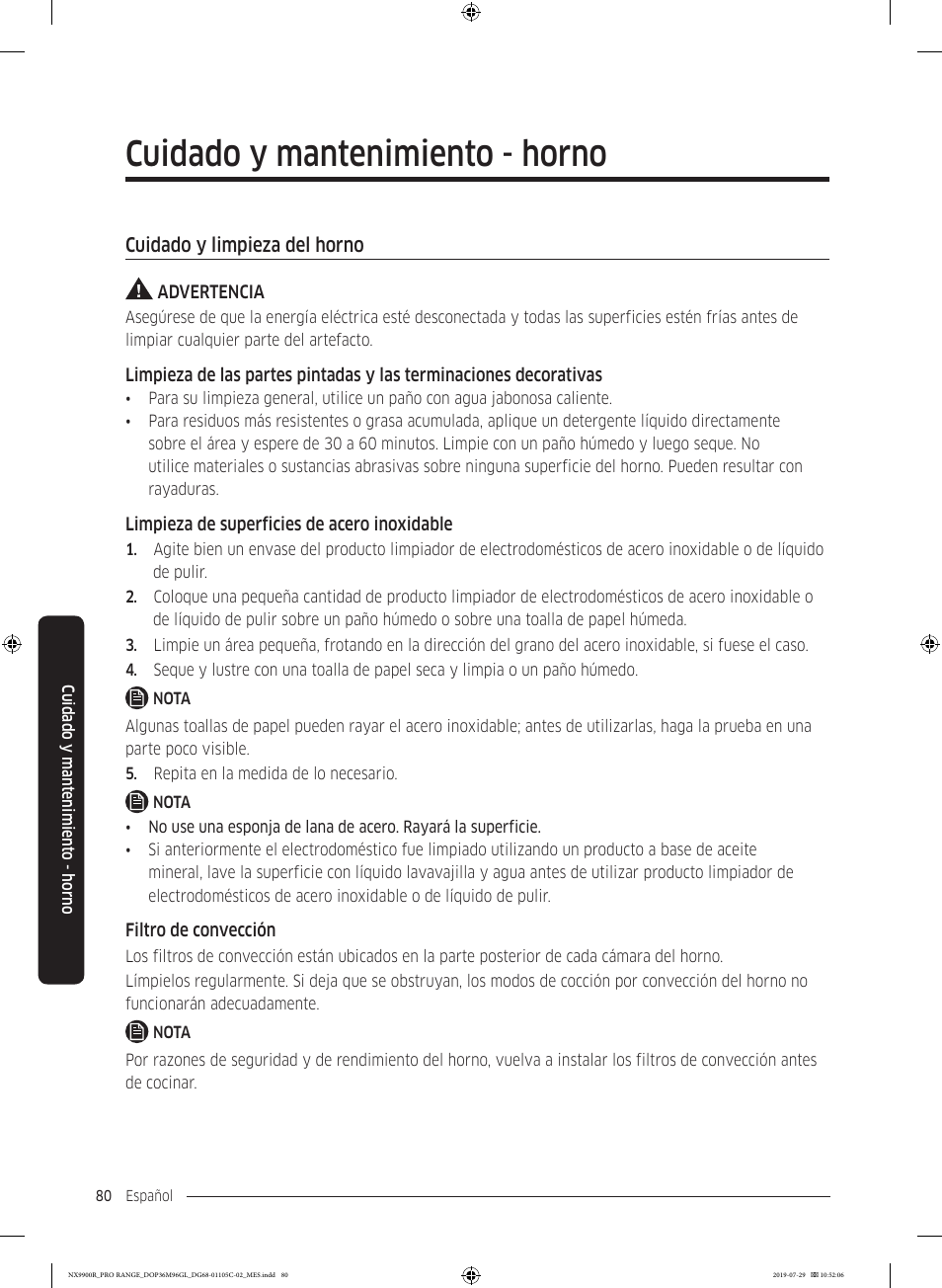 Cuidado y mantenimiento - horno, Cuidado y limpieza del horno | Dacor Contemporary 36 Inch Freestanding Professional Gas Smart Range Use and Care Manual User Manual | Page 188 / 324