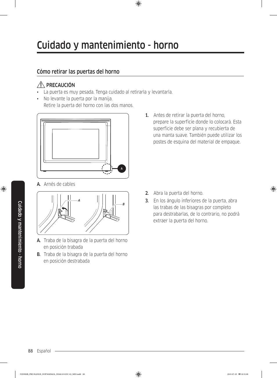 Cómo retirar las puertas del horno, Cuidado y mantenimiento - horno | Dacor Contemporary 36 Inch Freestanding Professional Gas Smart Range Use and Care Manual User Manual | Page 196 / 324