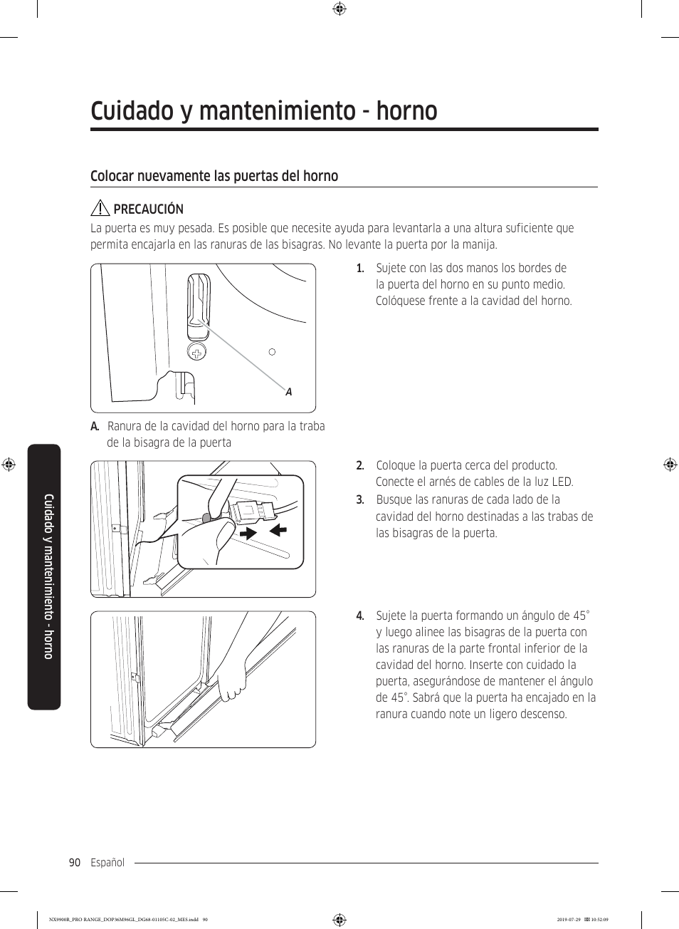 Colocar nuevamente las puertas del horno, Cuidado y mantenimiento - horno | Dacor Contemporary 36 Inch Freestanding Professional Gas Smart Range Use and Care Manual User Manual | Page 198 / 324