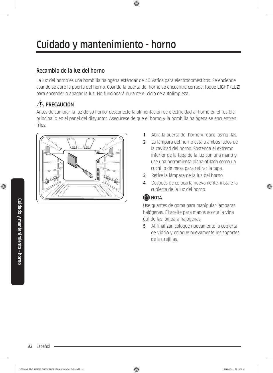 Recambio de la luz del horno, Cuidado y mantenimiento - horno | Dacor Contemporary 36 Inch Freestanding Professional Gas Smart Range Use and Care Manual User Manual | Page 200 / 324