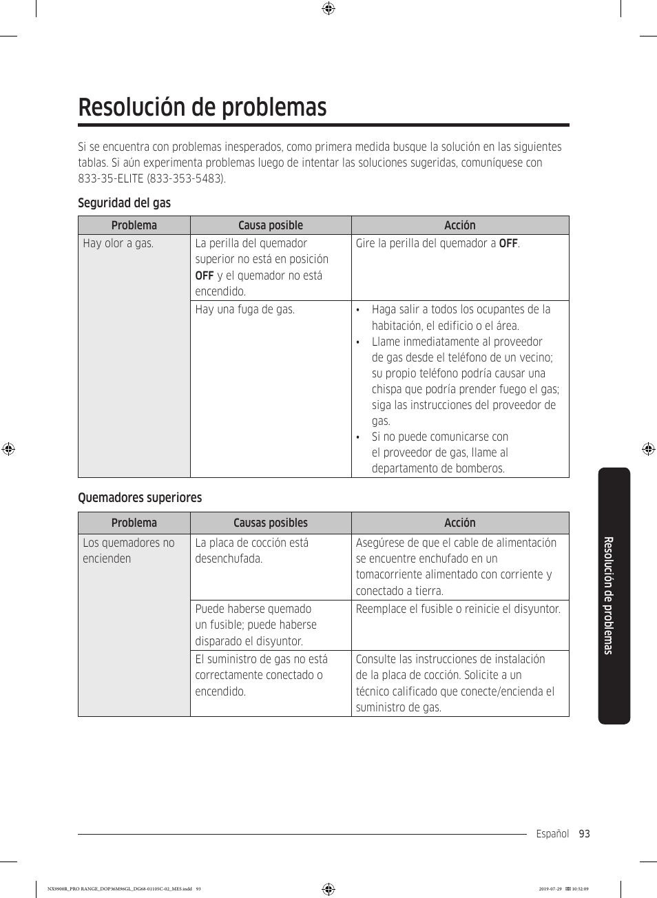 Resolución de problemas, Ción, Resolución de | Problemas | Dacor Contemporary 36 Inch Freestanding Professional Gas Smart Range Use and Care Manual User Manual | Page 201 / 324