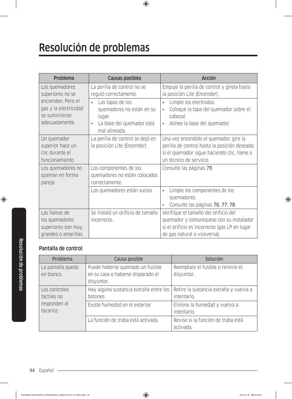 Resolución de problemas | Dacor Contemporary 36 Inch Freestanding Professional Gas Smart Range Use and Care Manual User Manual | Page 202 / 324