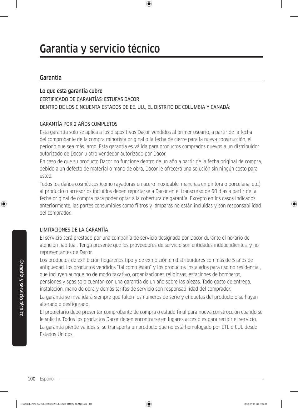 Garantía y servicio técnico, Garantía, Garantía 100 | Dacor Contemporary 36 Inch Freestanding Professional Gas Smart Range Use and Care Manual User Manual | Page 208 / 324