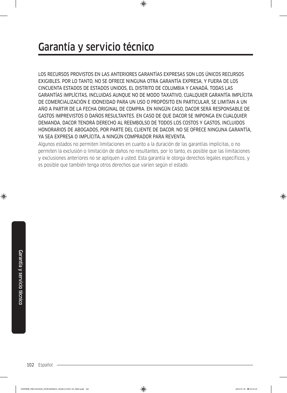 Garantía y servicio técnico | Dacor Contemporary 36 Inch Freestanding Professional Gas Smart Range Use and Care Manual User Manual | Page 210 / 324