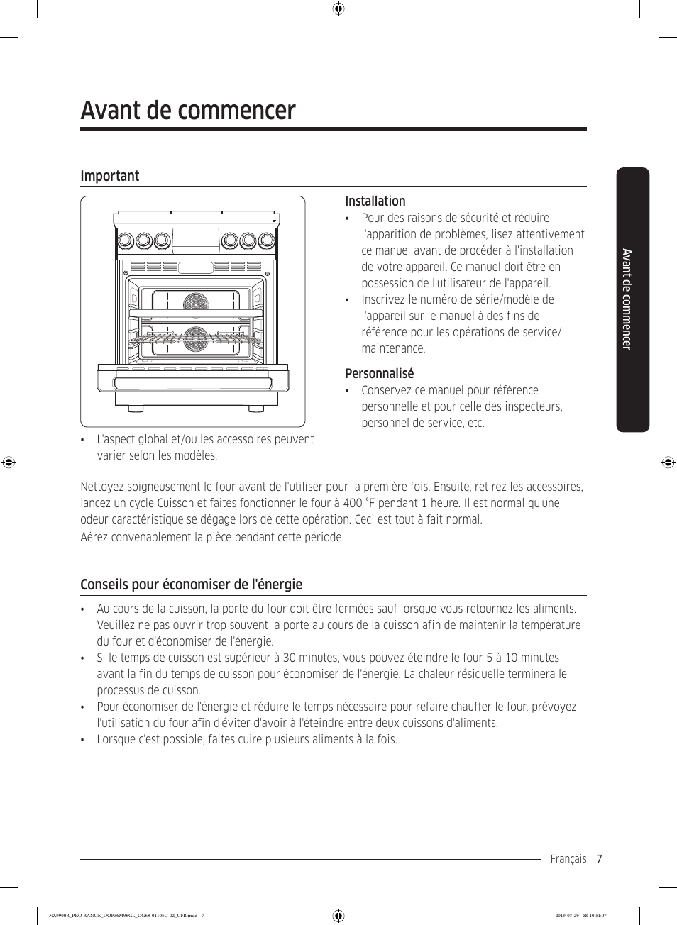 Avant de commencer, Important, Conseils pour économiser de l'énergie | Important 7 conseils pour économiser de l'énergie | Dacor Contemporary 36 Inch Freestanding Professional Gas Smart Range Use and Care Manual User Manual | Page 223 / 324