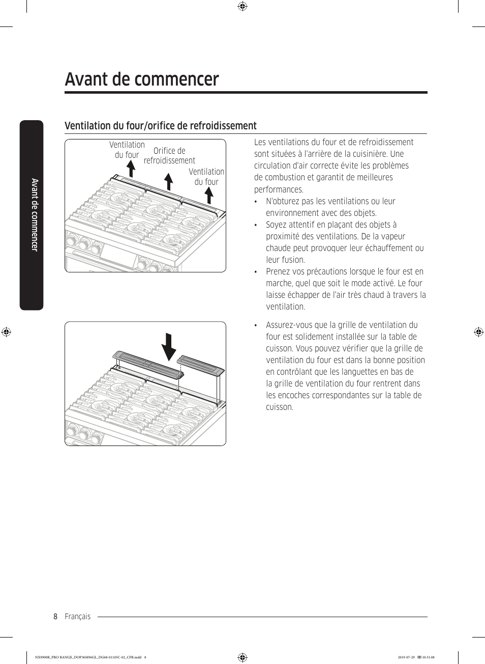 Ventilation du four/orifice de refroidissement, Avant de commencer | Dacor Contemporary 36 Inch Freestanding Professional Gas Smart Range Use and Care Manual User Manual | Page 224 / 324