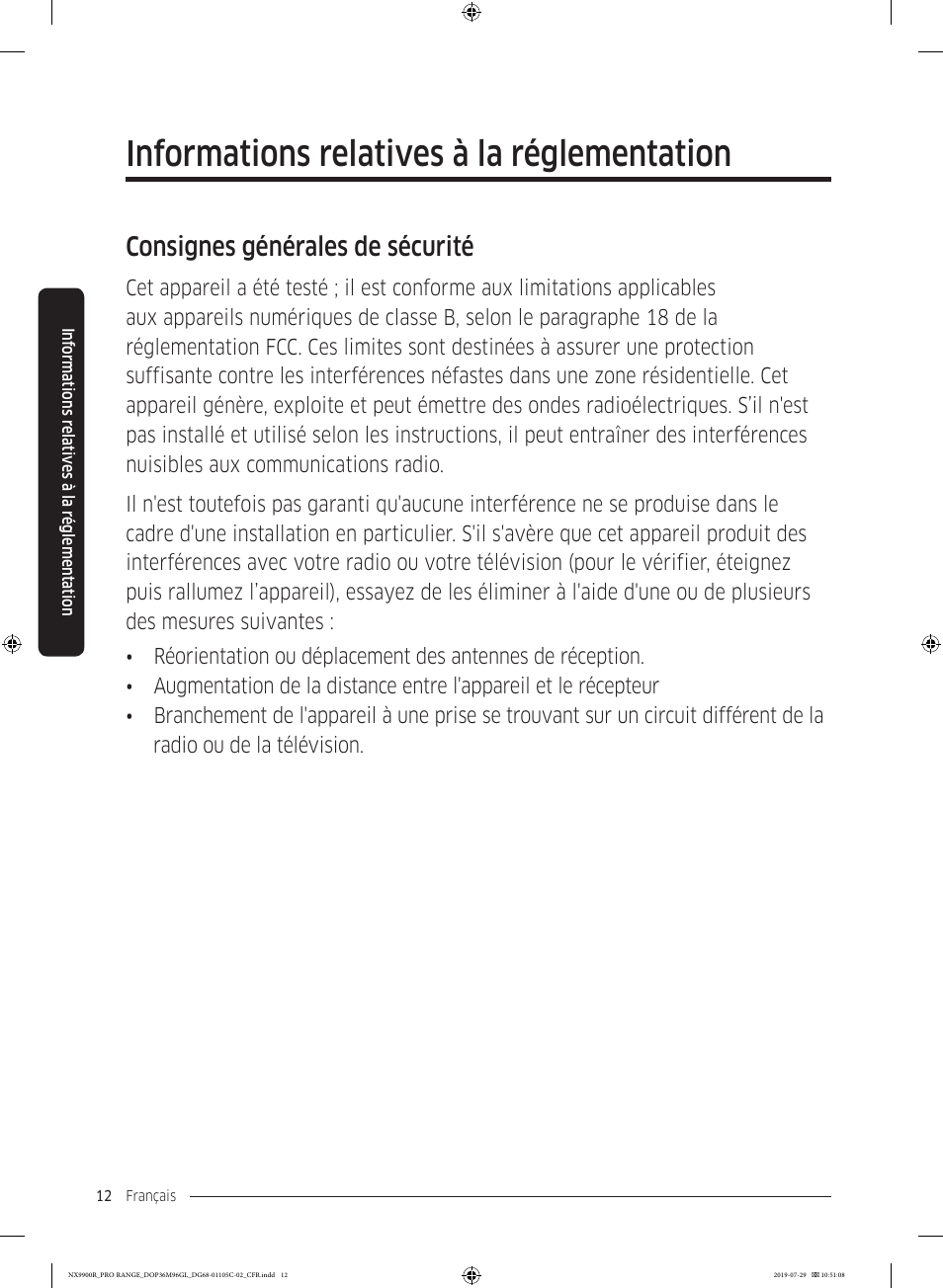 Informations relatives à la réglementation, Consignes générales de sécurité | Dacor Contemporary 36 Inch Freestanding Professional Gas Smart Range Use and Care Manual User Manual | Page 228 / 324