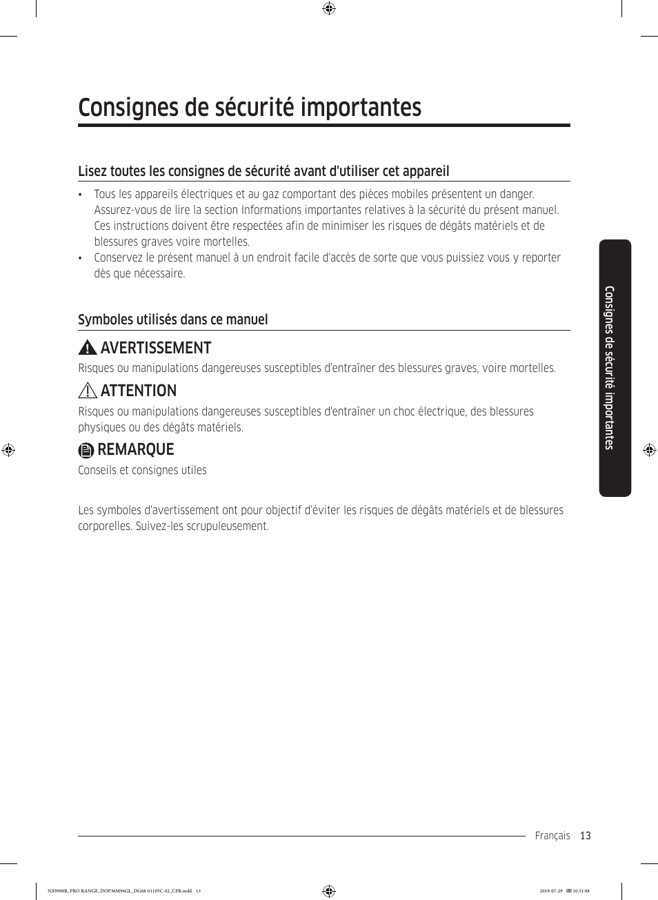 Consignes de sécurité importantes, Avertissement, Attention | Remarque | Dacor Contemporary 36 Inch Freestanding Professional Gas Smart Range Use and Care Manual User Manual | Page 229 / 324