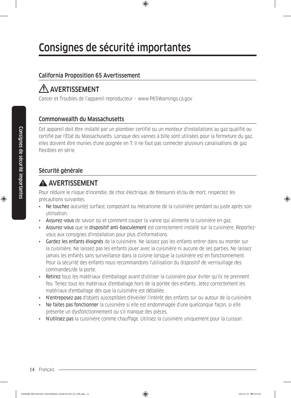 Consignes de sécurité importantes, Avertissement | Dacor Contemporary 36 Inch Freestanding Professional Gas Smart Range Use and Care Manual User Manual | Page 230 / 324