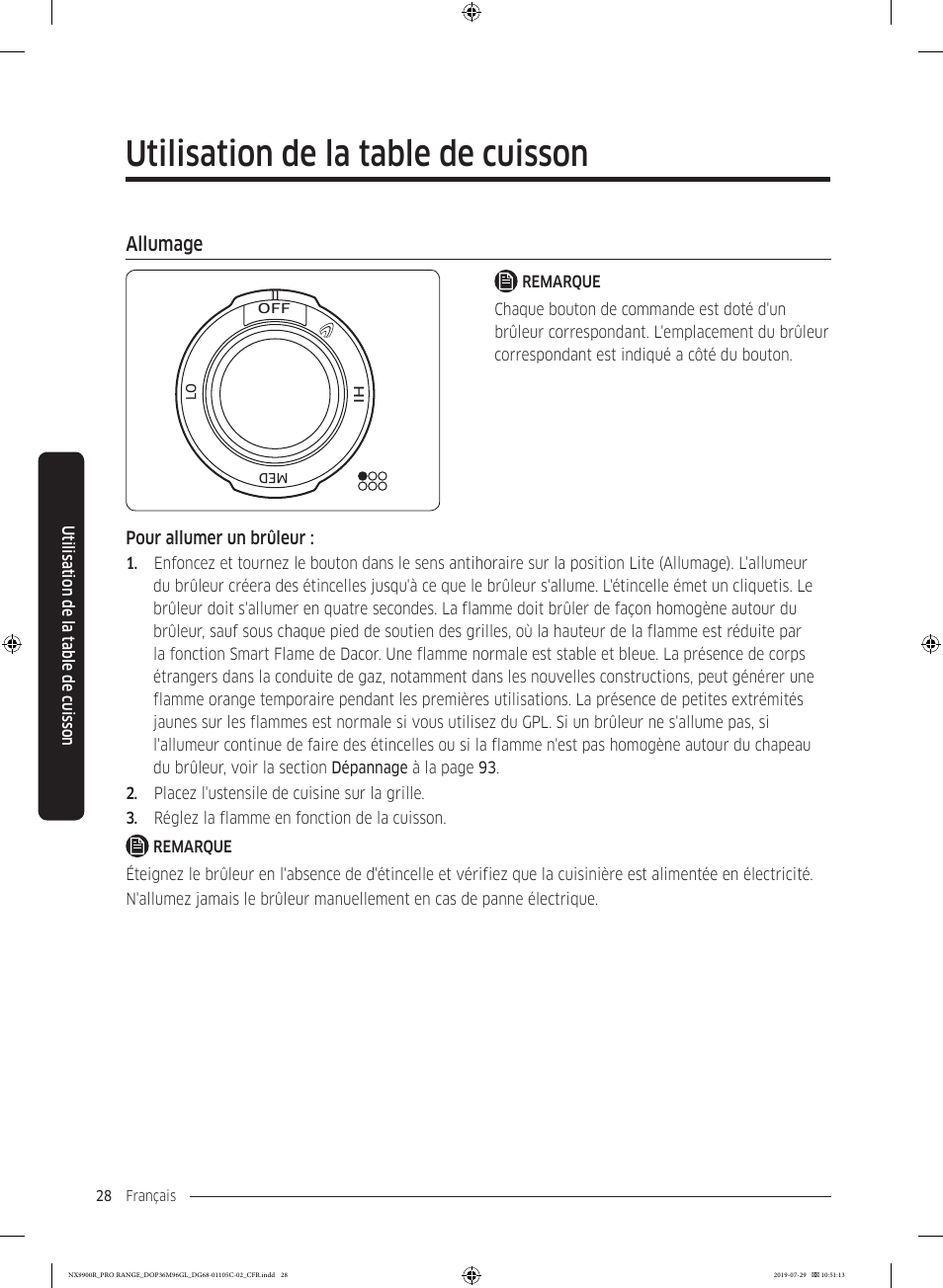 Allumage, Allumage 28, Utilisation de la table de cuisson | Dacor Contemporary 36 Inch Freestanding Professional Gas Smart Range Use and Care Manual User Manual | Page 244 / 324