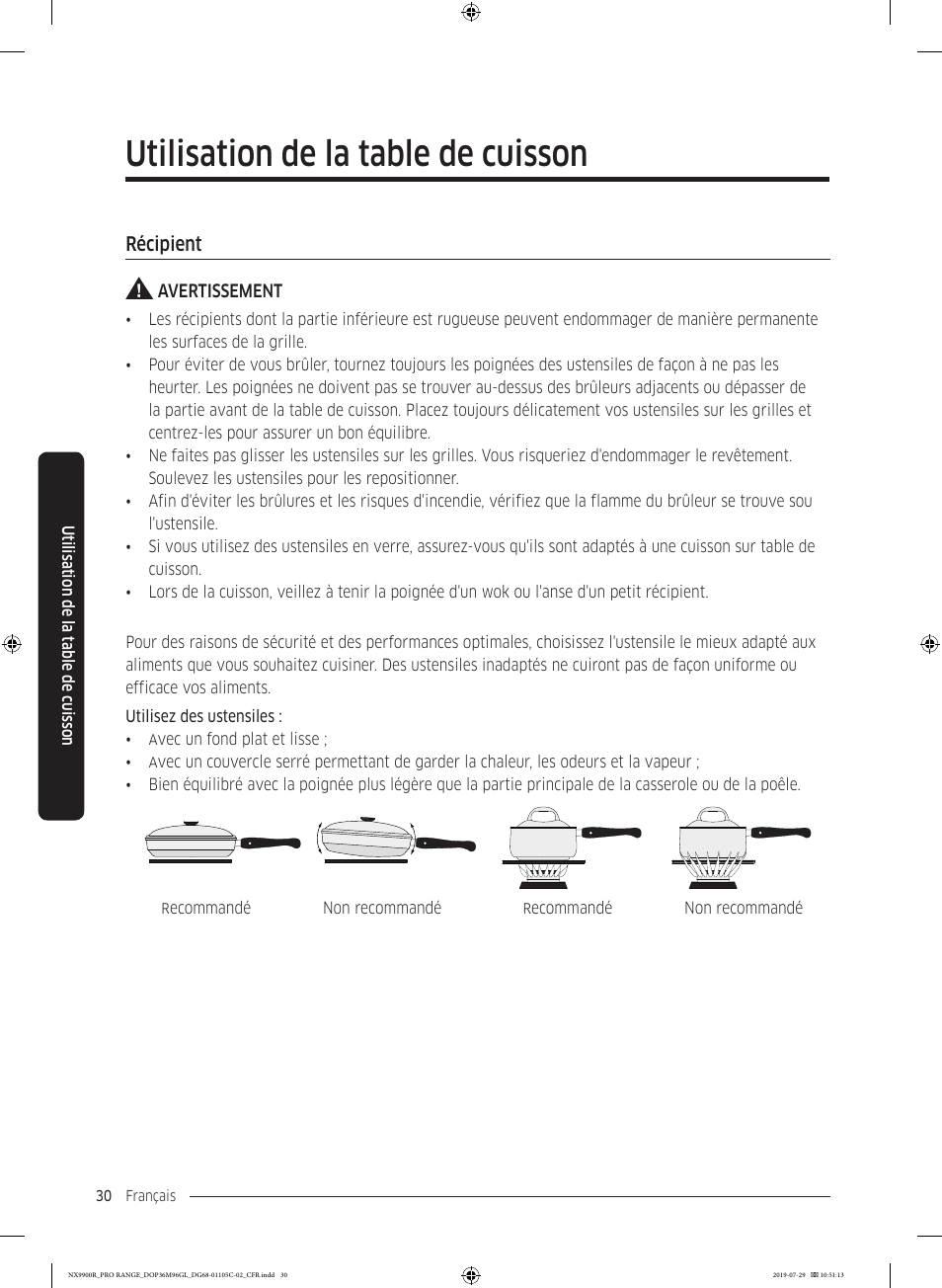 Récipient, Récipient 30, Utilisation de la table de cuisson | Dacor Contemporary 36 Inch Freestanding Professional Gas Smart Range Use and Care Manual User Manual | Page 246 / 324