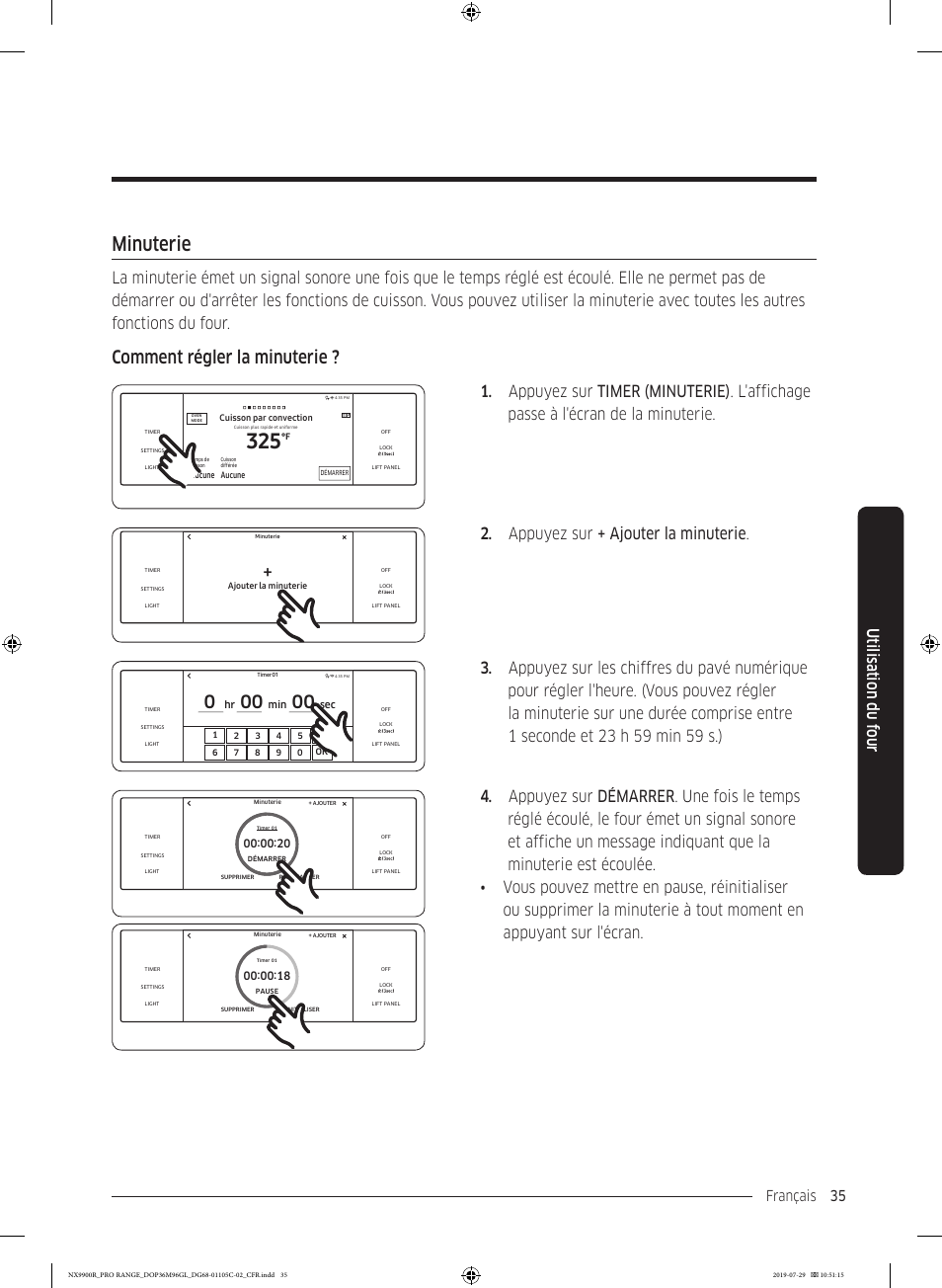 Minuterie, Minuterie 35, Comment régler la minuterie | Utilisation du f our, Appuyez sur + ajouter la minuterie, Français 35 | Dacor Contemporary 36 Inch Freestanding Professional Gas Smart Range Use and Care Manual User Manual | Page 251 / 324