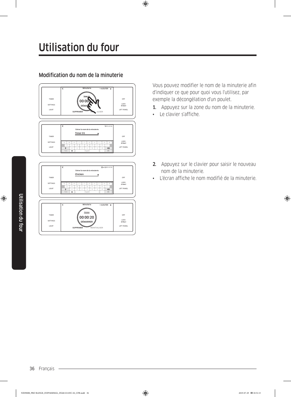 Utilisation du four, Modification du nom de la minuterie, Utilisation du f our | Français 36 | Dacor Contemporary 36 Inch Freestanding Professional Gas Smart Range Use and Care Manual User Manual | Page 252 / 324