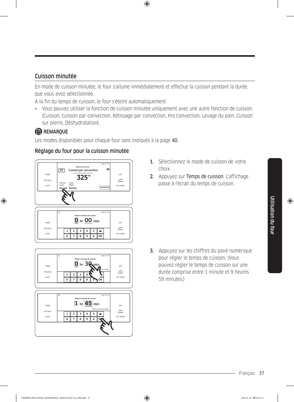 Cuisson minutée, Réglage du four pour la cuisson minutée, Utilisation du f our | Français 37 | Dacor Contemporary 36 Inch Freestanding Professional Gas Smart Range Use and Care Manual User Manual | Page 253 / 324