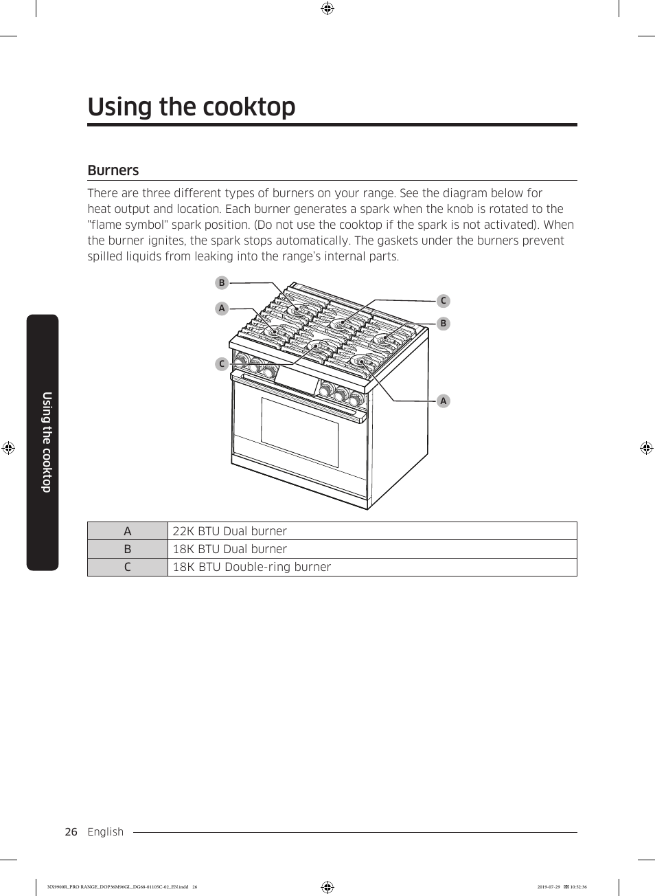 Using the cooktop, Burners, Burners 26 | Dacor Contemporary 36 Inch Freestanding Professional Gas Smart Range Use and Care Manual User Manual | Page 26 / 324