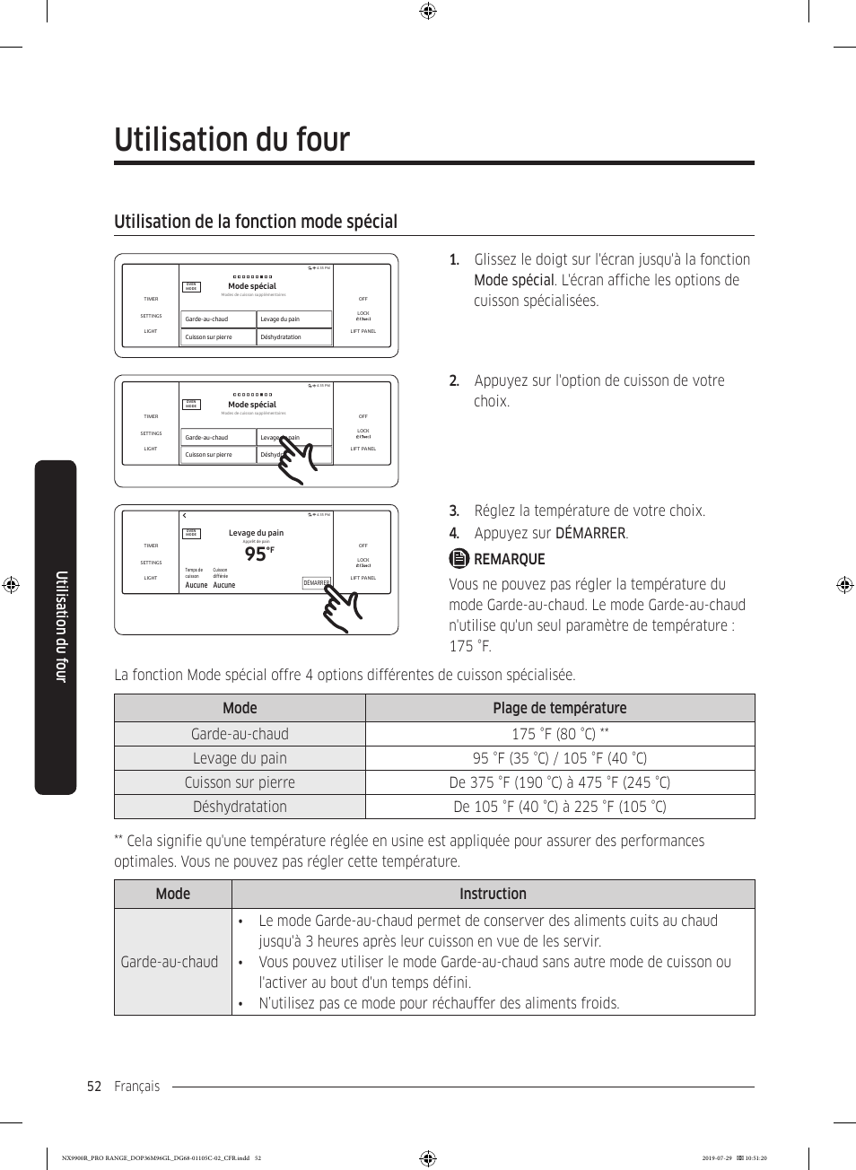 Utilisation de la fonction mode spécial, Utilisation du four, Utilisation du f our | Appuyez sur l'option de cuisson de votre choix, Français 52 | Dacor Contemporary 36 Inch Freestanding Professional Gas Smart Range Use and Care Manual User Manual | Page 268 / 324