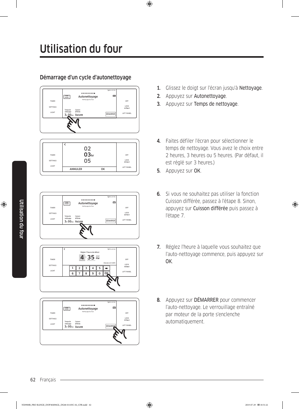 Utilisation du four, Démarrage d'un cycle d'autonettoyage, Utilisation du f our | Français 62 | Dacor Contemporary 36 Inch Freestanding Professional Gas Smart Range Use and Care Manual User Manual | Page 278 / 324