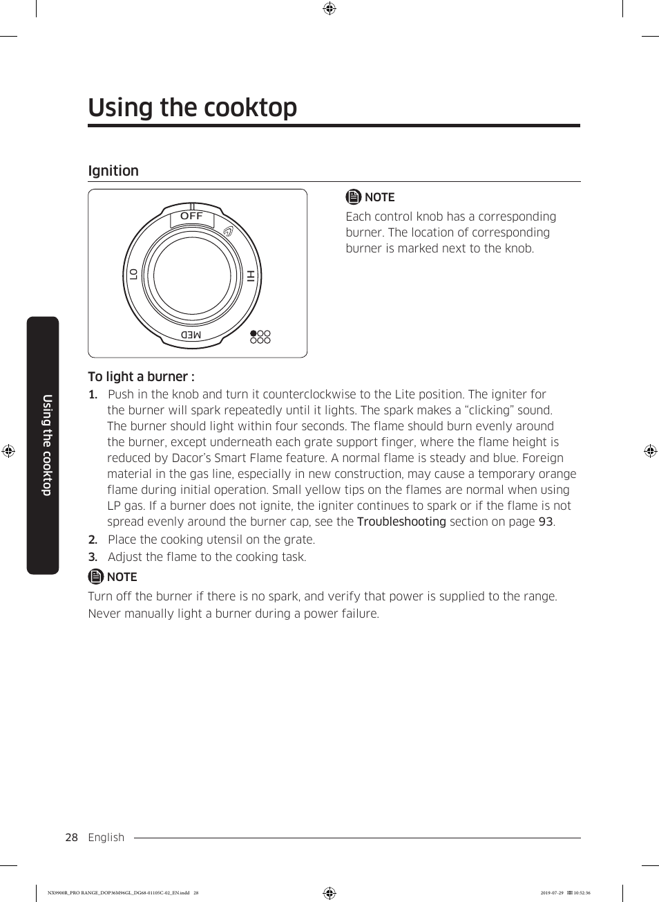 Ignition, Ignition 28, Using the cooktop | Dacor Contemporary 36 Inch Freestanding Professional Gas Smart Range Use and Care Manual User Manual | Page 28 / 324