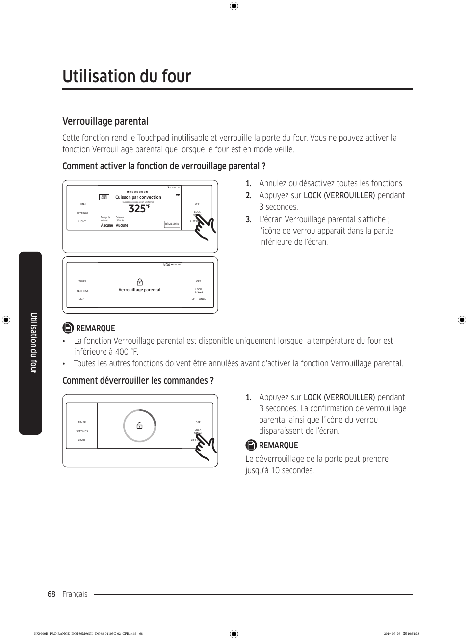 Verrouillage parental, Utilisation du four, Comment déverrouiller les commandes | Utilisation du f our | Dacor Contemporary 36 Inch Freestanding Professional Gas Smart Range Use and Care Manual User Manual | Page 284 / 324