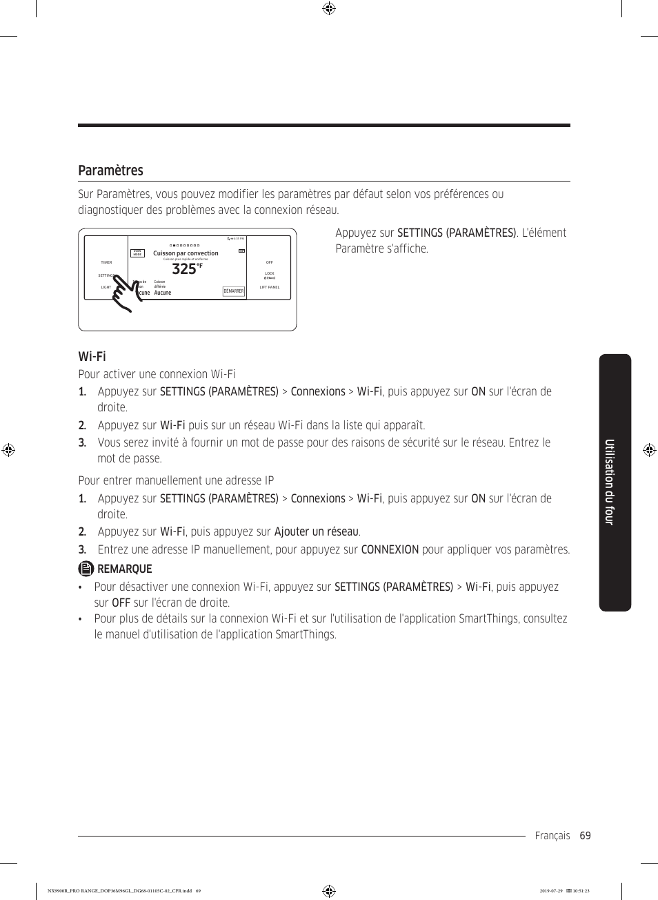 Paramètres, Paramètres 69, Wi-fi | Dacor Contemporary 36 Inch Freestanding Professional Gas Smart Range Use and Care Manual User Manual | Page 285 / 324