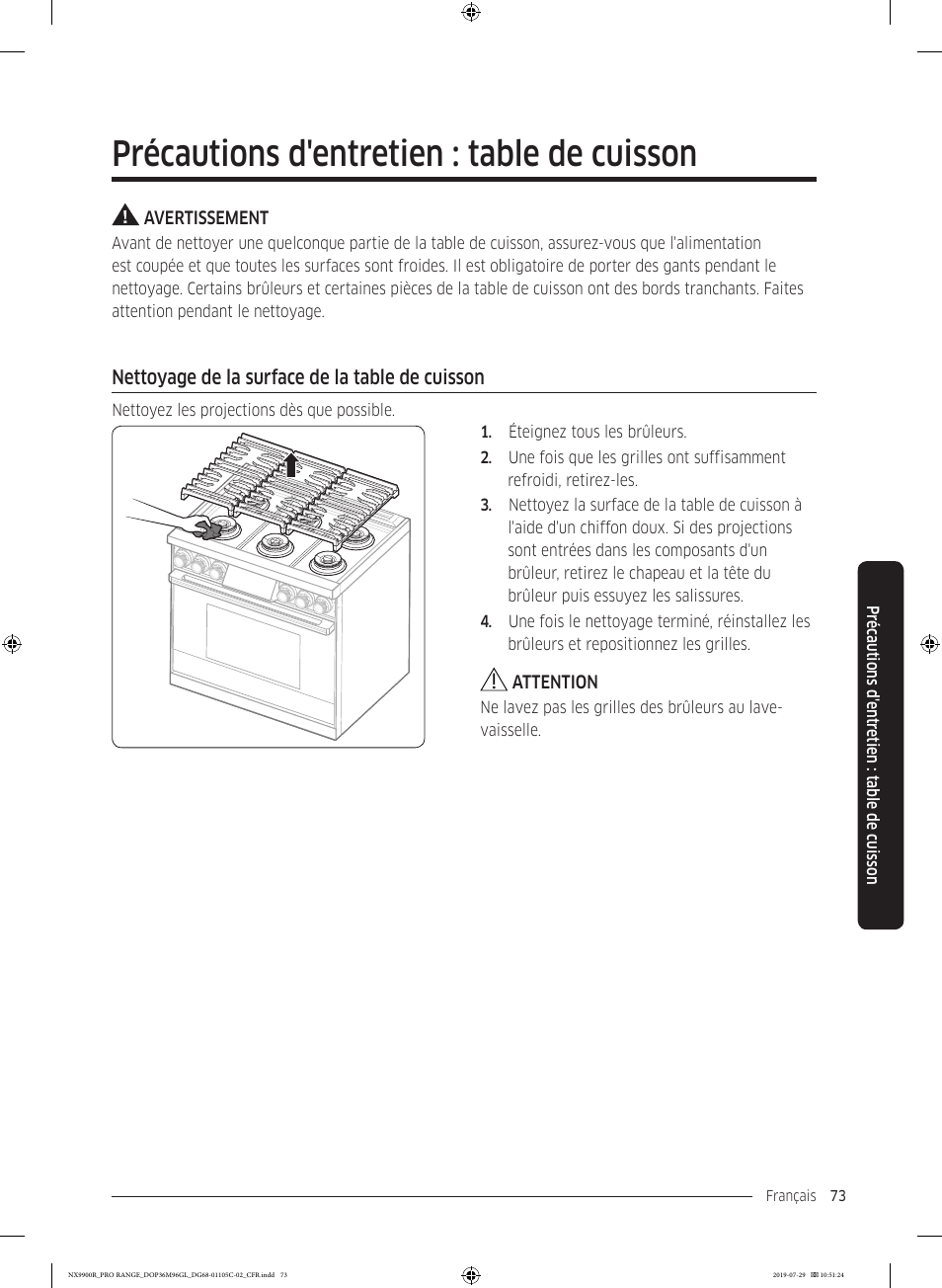 Précautions d'entretien : table de cuisson, Nettoyage de la surface de la table de cuisson | Dacor Contemporary 36 Inch Freestanding Professional Gas Smart Range Use and Care Manual User Manual | Page 289 / 324