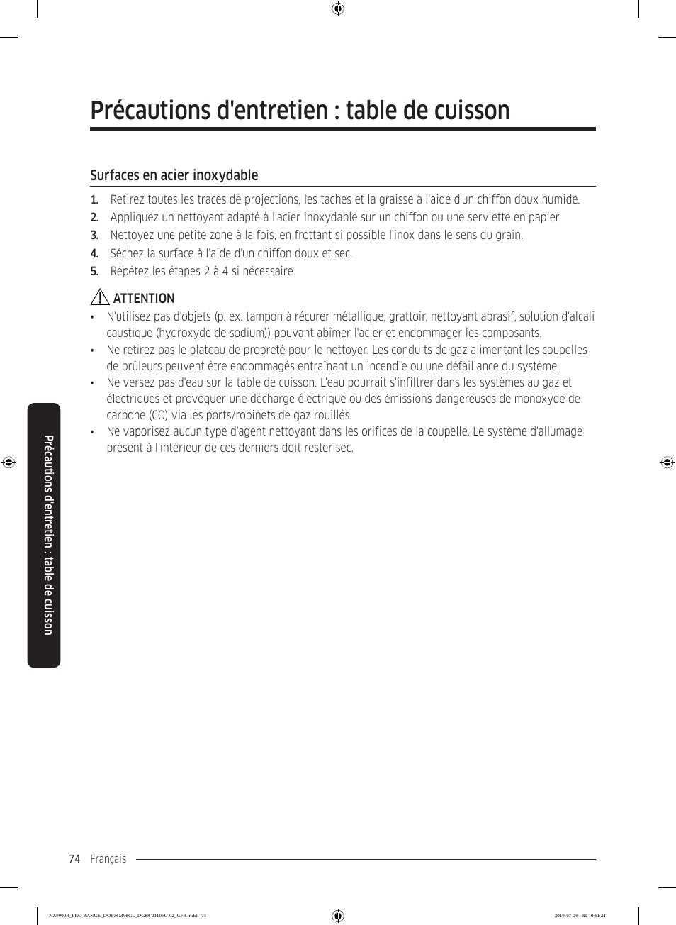 Surfaces en acier inoxydable, Précautions d'entretien : table de cuisson | Dacor Contemporary 36 Inch Freestanding Professional Gas Smart Range Use and Care Manual User Manual | Page 290 / 324