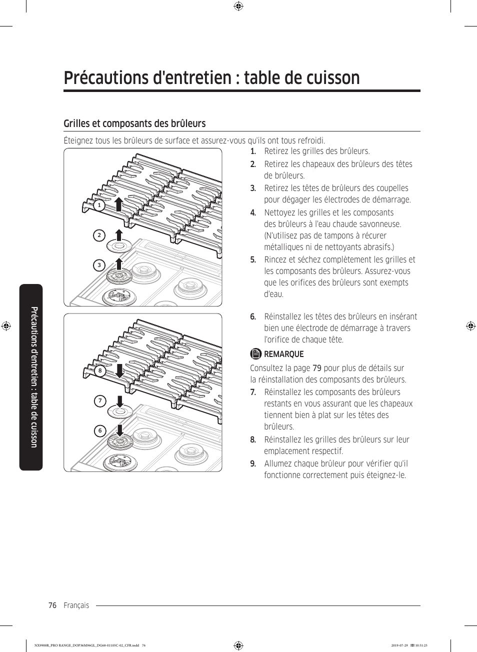 Grilles et composants des brûleurs, Précautions d'entretien : table de cuisson | Dacor Contemporary 36 Inch Freestanding Professional Gas Smart Range Use and Care Manual User Manual | Page 292 / 324