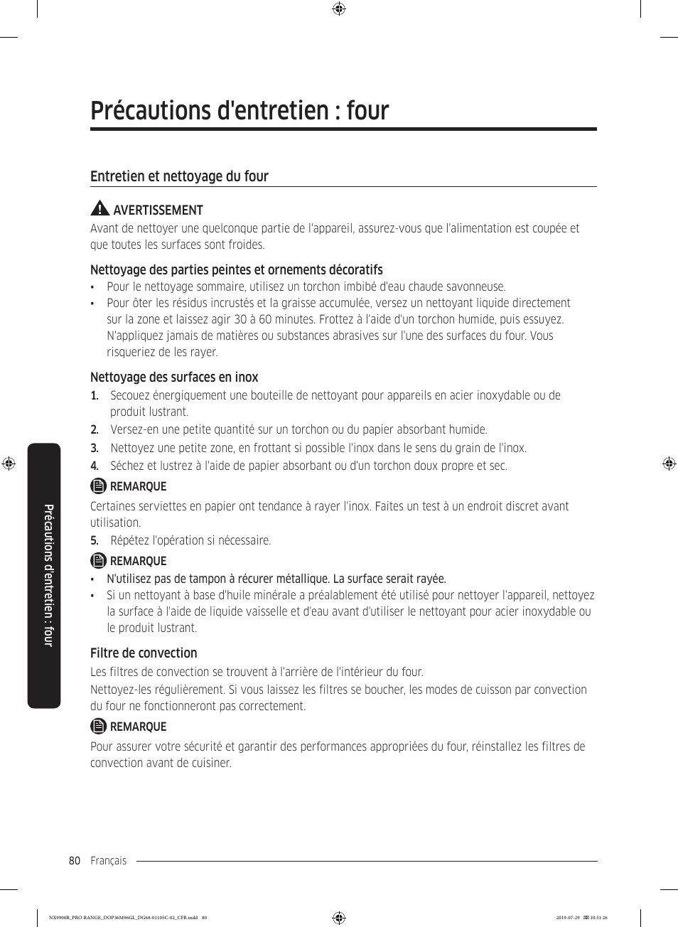 Précautions d'entretien : four, Entretien et nettoyage du four | Dacor Contemporary 36 Inch Freestanding Professional Gas Smart Range Use and Care Manual User Manual | Page 296 / 324