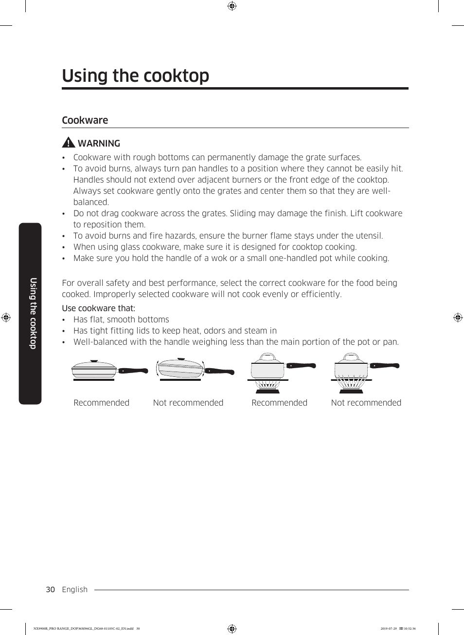 Cookware, Cookware 30, Using the cooktop | Dacor Contemporary 36 Inch Freestanding Professional Gas Smart Range Use and Care Manual User Manual | Page 30 / 324