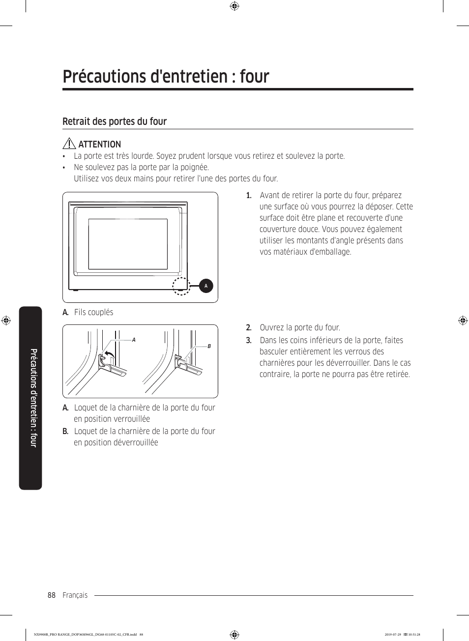 Retrait des portes du four, Précautions d'entretien : four | Dacor Contemporary 36 Inch Freestanding Professional Gas Smart Range Use and Care Manual User Manual | Page 304 / 324