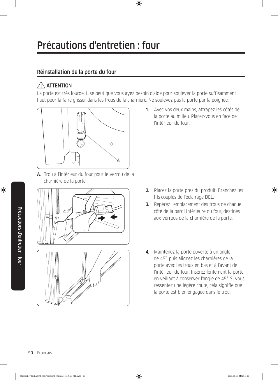 Réinstallation de la porte du four, Précautions d'entretien : four | Dacor Contemporary 36 Inch Freestanding Professional Gas Smart Range Use and Care Manual User Manual | Page 306 / 324