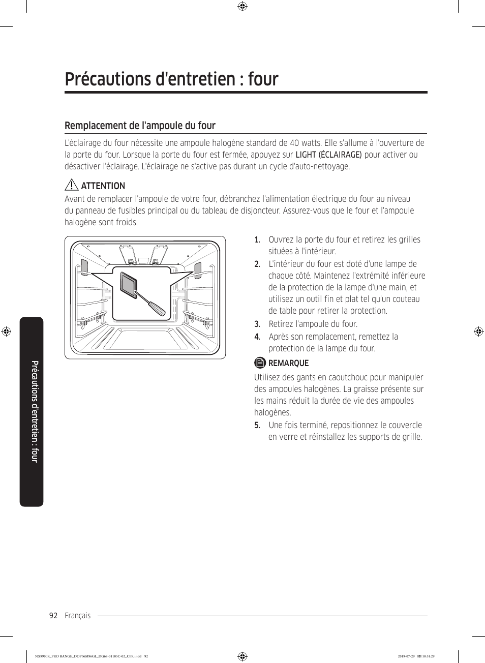 Remplacement de l'ampoule du four, Précautions d'entretien : four | Dacor Contemporary 36 Inch Freestanding Professional Gas Smart Range Use and Care Manual User Manual | Page 308 / 324