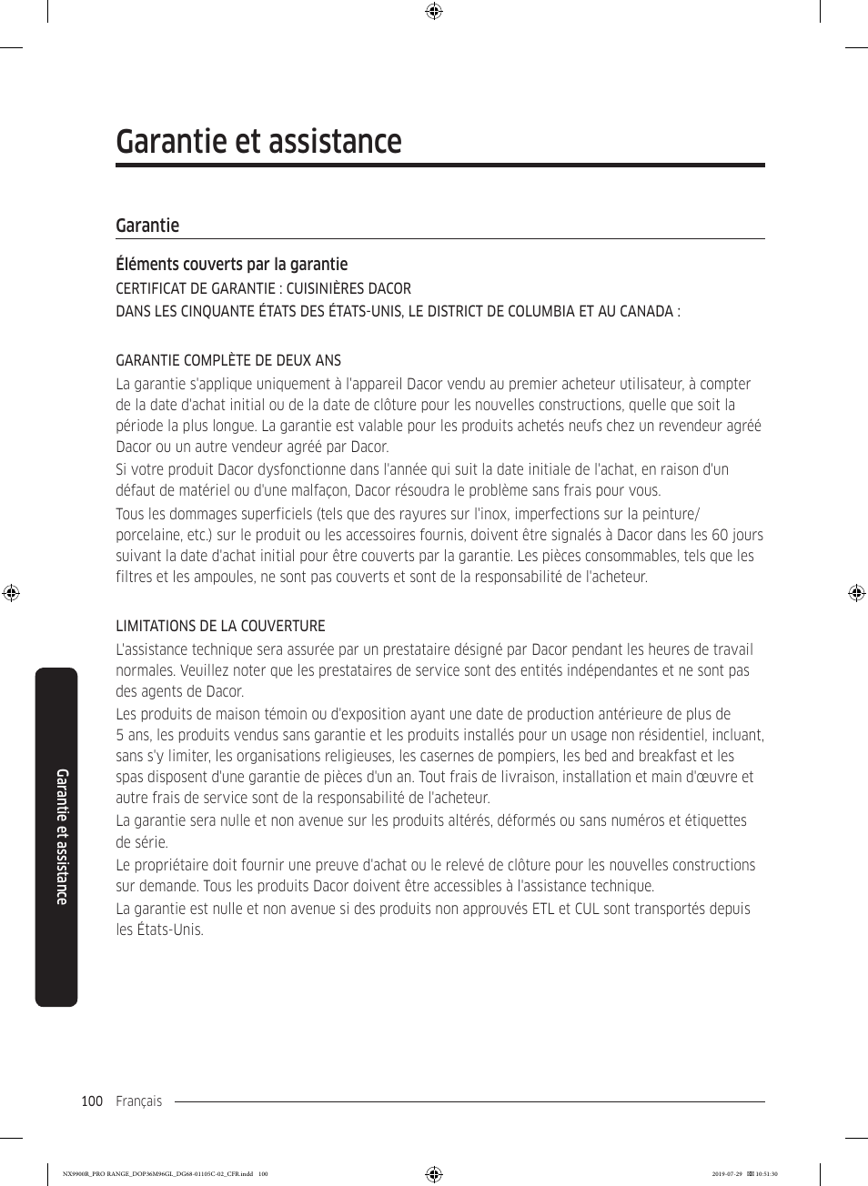 Garantie et assistance, Garantie, Garantie 100 | Dacor Contemporary 36 Inch Freestanding Professional Gas Smart Range Use and Care Manual User Manual | Page 316 / 324