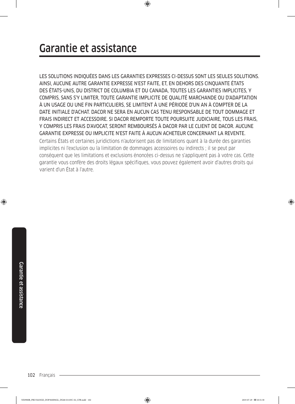 Garantie et assistance | Dacor Contemporary 36 Inch Freestanding Professional Gas Smart Range Use and Care Manual User Manual | Page 318 / 324