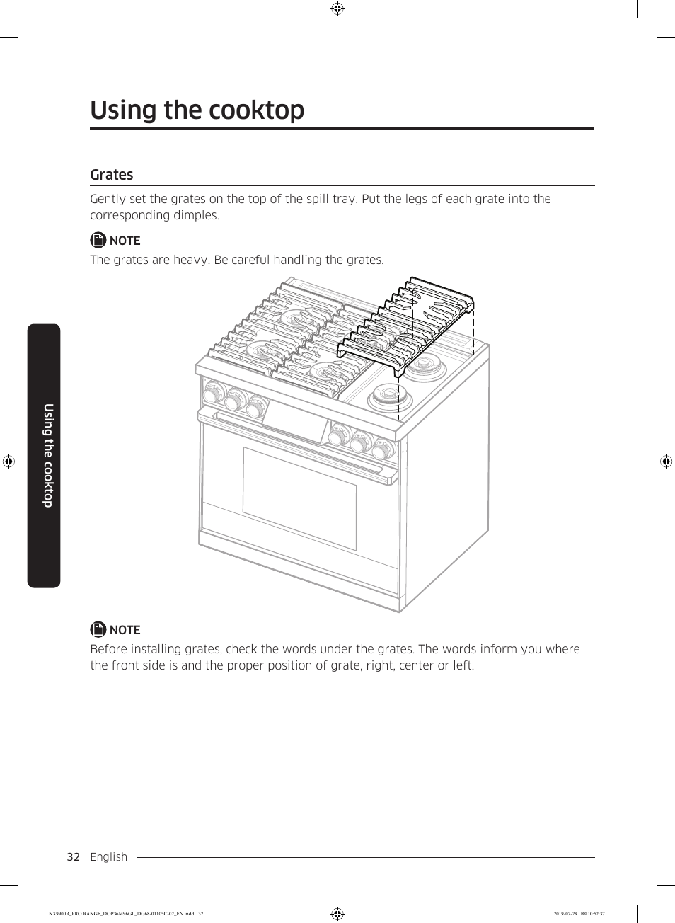 Grates, Grates 32, Using the cooktop | Dacor Contemporary 36 Inch Freestanding Professional Gas Smart Range Use and Care Manual User Manual | Page 32 / 324